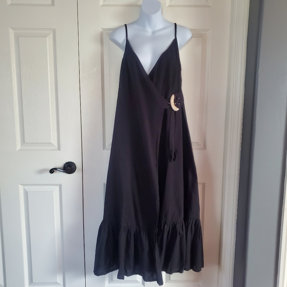 Asos Wrap Sleeveless Peasant Black Midi Dress With Attached Belt Size 8